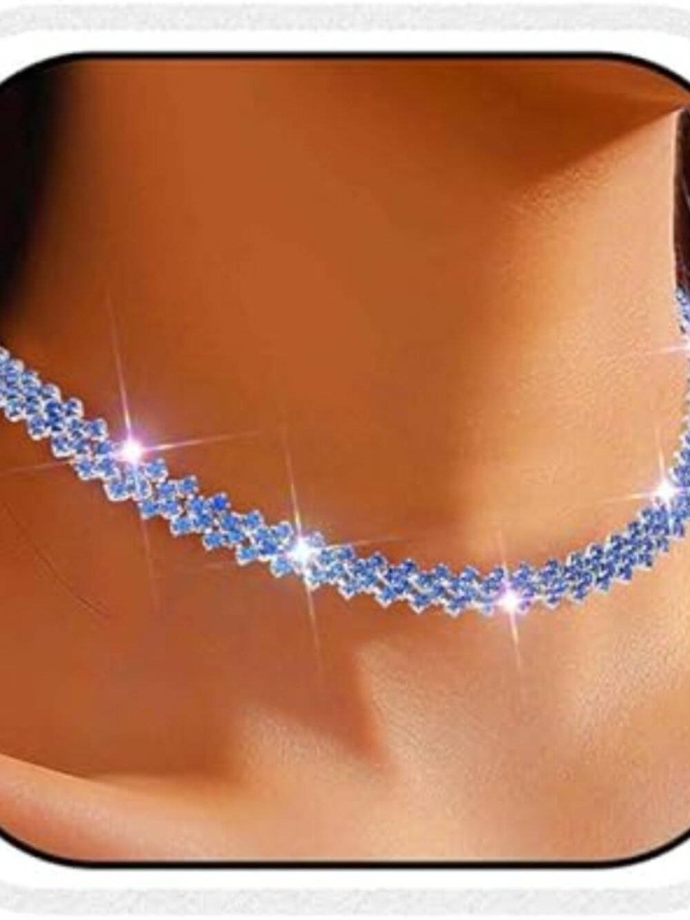 Blue Crystal Rhinestone Choker Necklace Silver Tone Statement Piece Chunky Cub